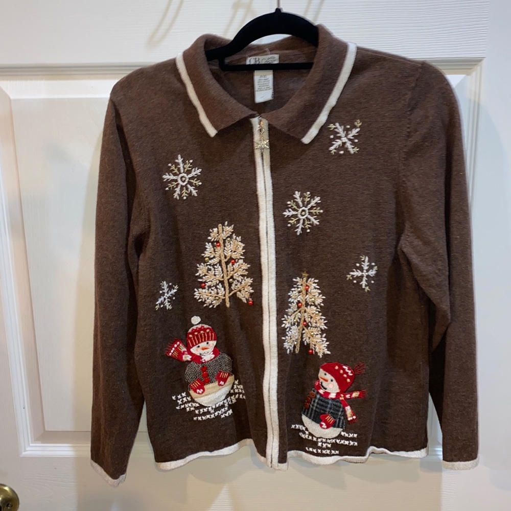 Vintage Full Zip Snowman Christmas Cardigan X-Large Petite